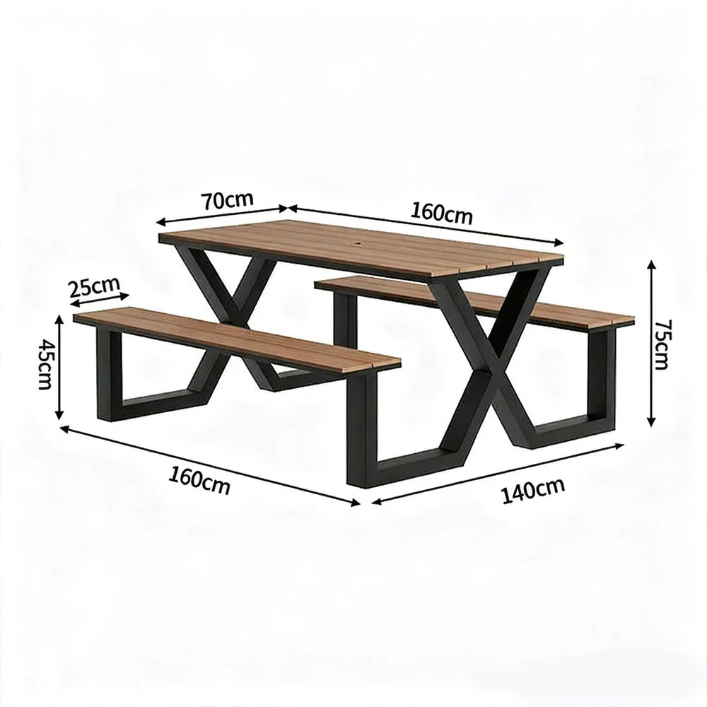 120/160/200cm SOLARA Outdoor Table & Chair Set Waterproof Sun-Resistant Plastic-Wood Surface Carbon Steel Frame Stable Anti-Corrosion Design - Black