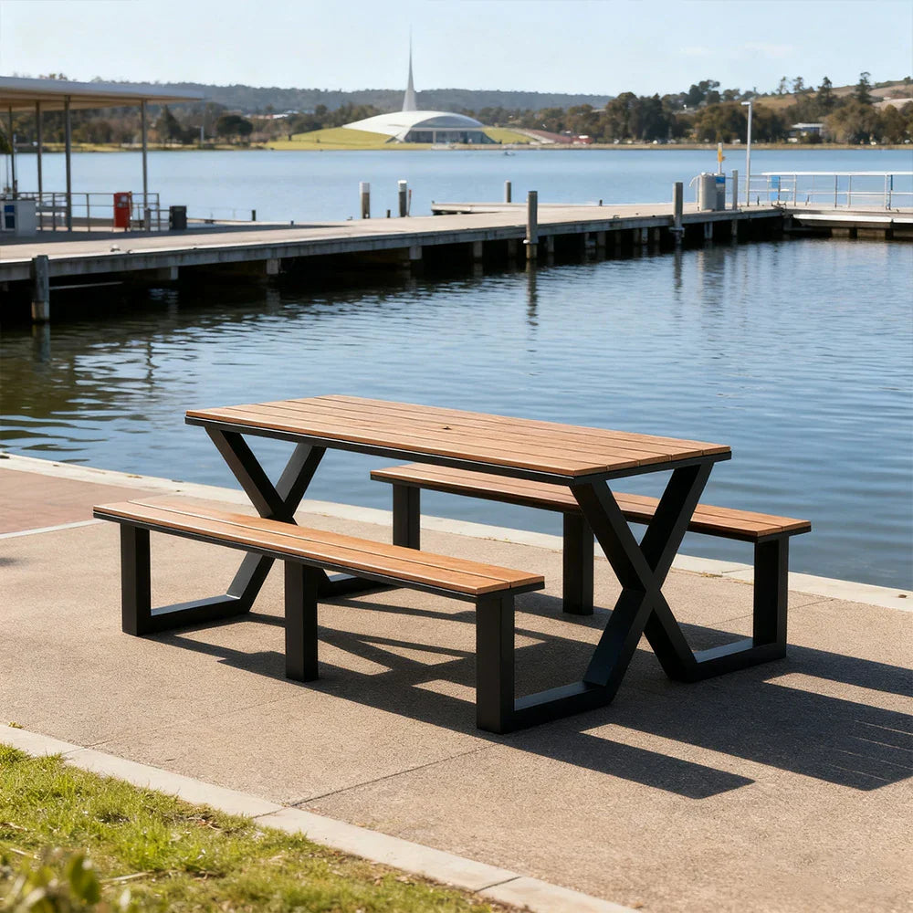 120/160/200cm SOLARA Outdoor Table & Chair Set Waterproof Sun-Resistant Plastic-Wood Surface Carbon Steel Frame Stable Anti-Corrosion Design - Black