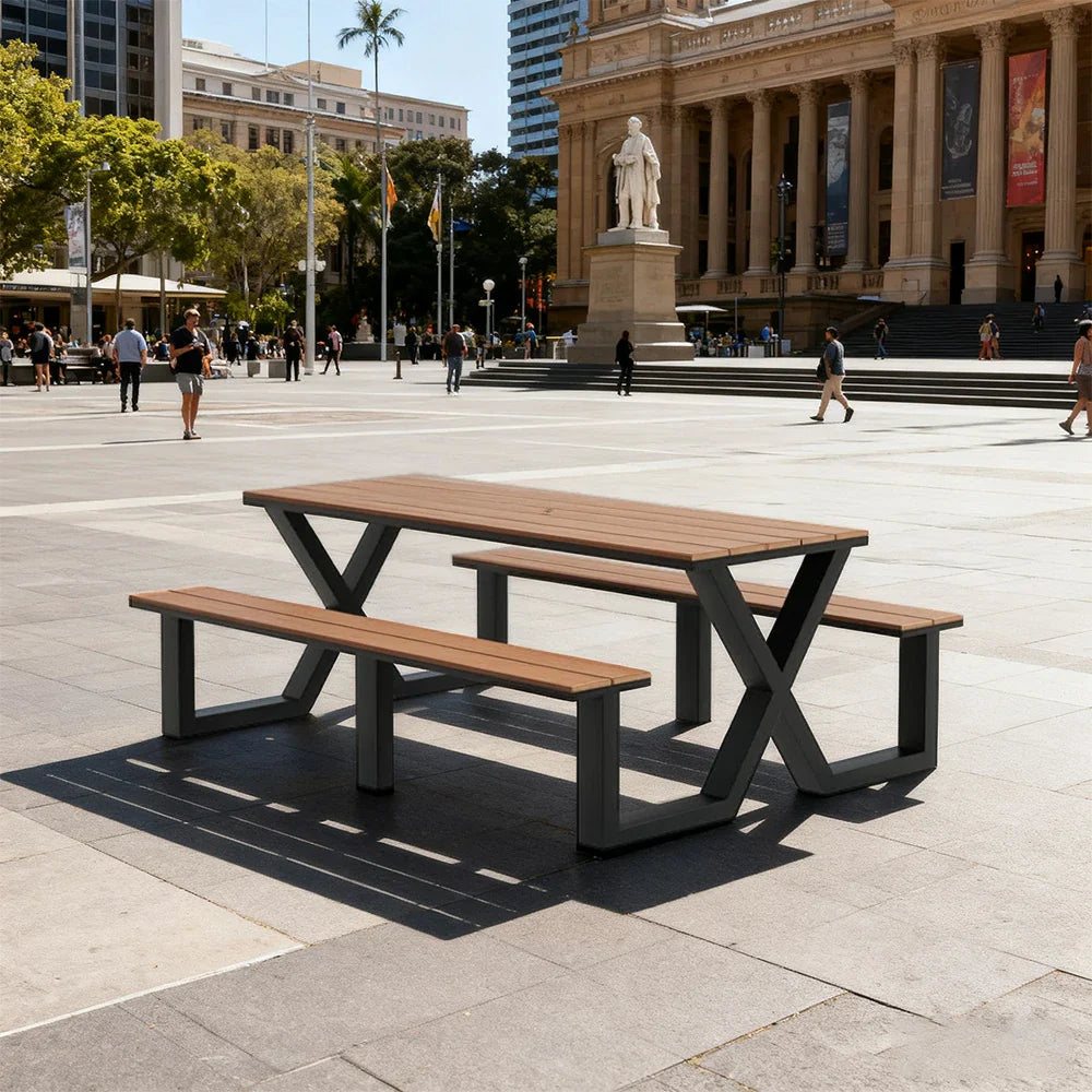 120/160/200cm SOLARA Outdoor Table & Chair Set Waterproof Sun-Resistant Plastic-Wood Surface Carbon Steel Frame Stable Anti-Corrosion Design - Black