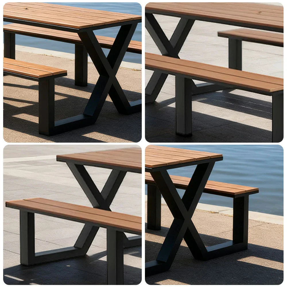 120/160/200cm SOLARA Outdoor Table & Chair Set Waterproof Sun-Resistant Plastic-Wood Surface Carbon Steel Frame Stable Anti-Corrosion Design - Black