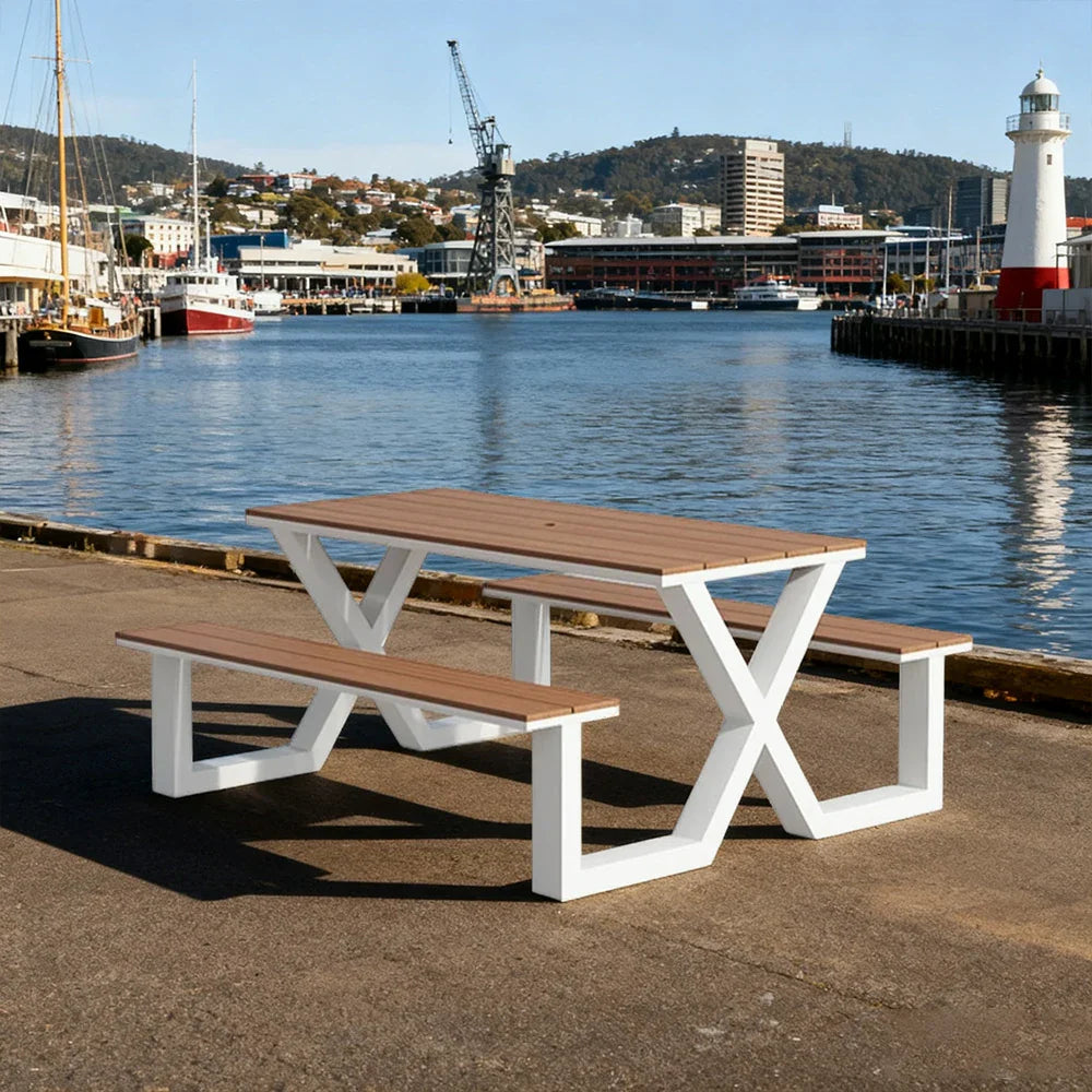 SOLARA 120/160/200cm Outdoor Table & Chair Set Waterproof Sun-Resistant Plastic-Wood Surface Carbon Steel Frame Stable Anti-Corrosion Design - White