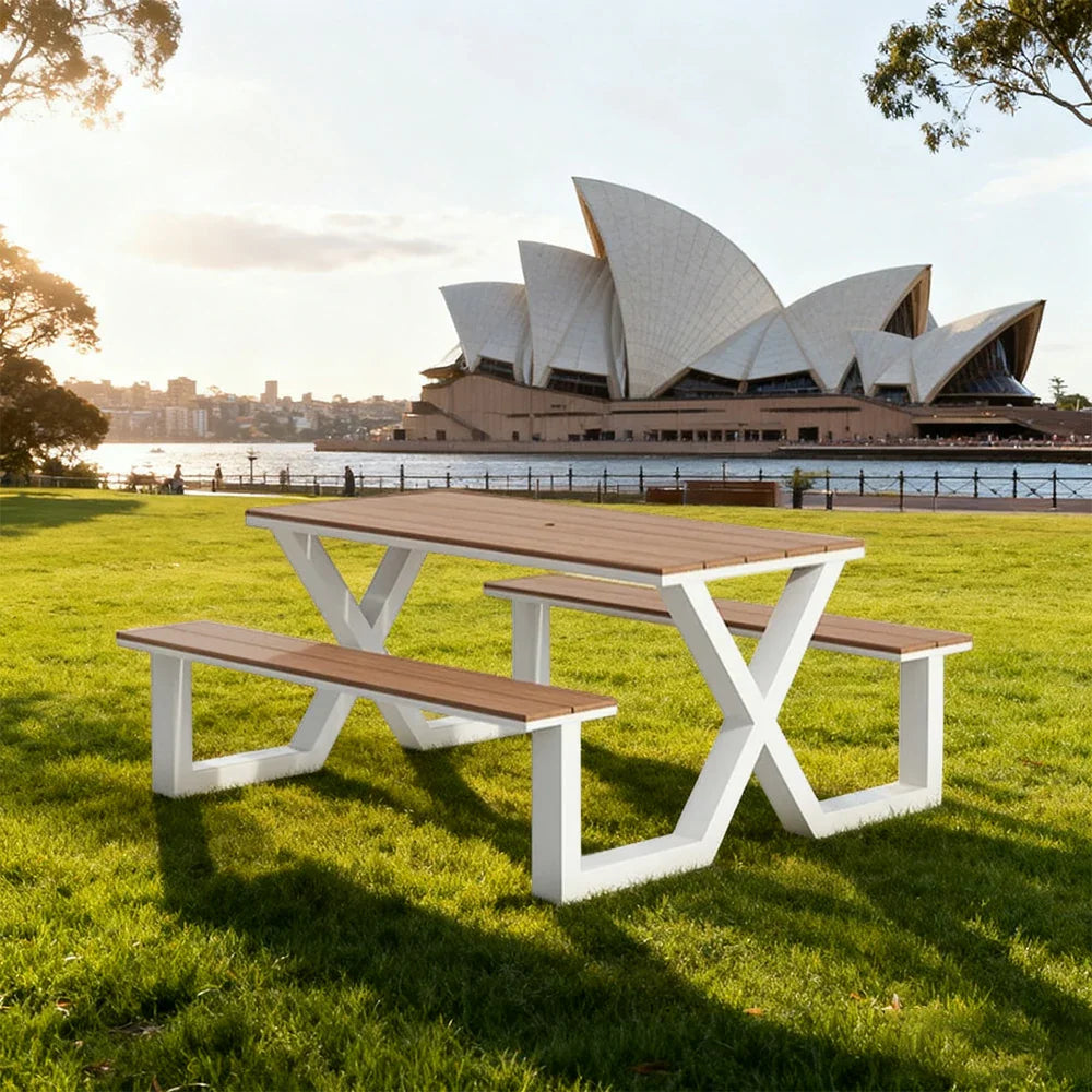 SOLARA 120/160/200cm Outdoor Table & Chair Set Waterproof Sun-Resistant Plastic-Wood Surface Carbon Steel Frame Stable Anti-Corrosion Design - White