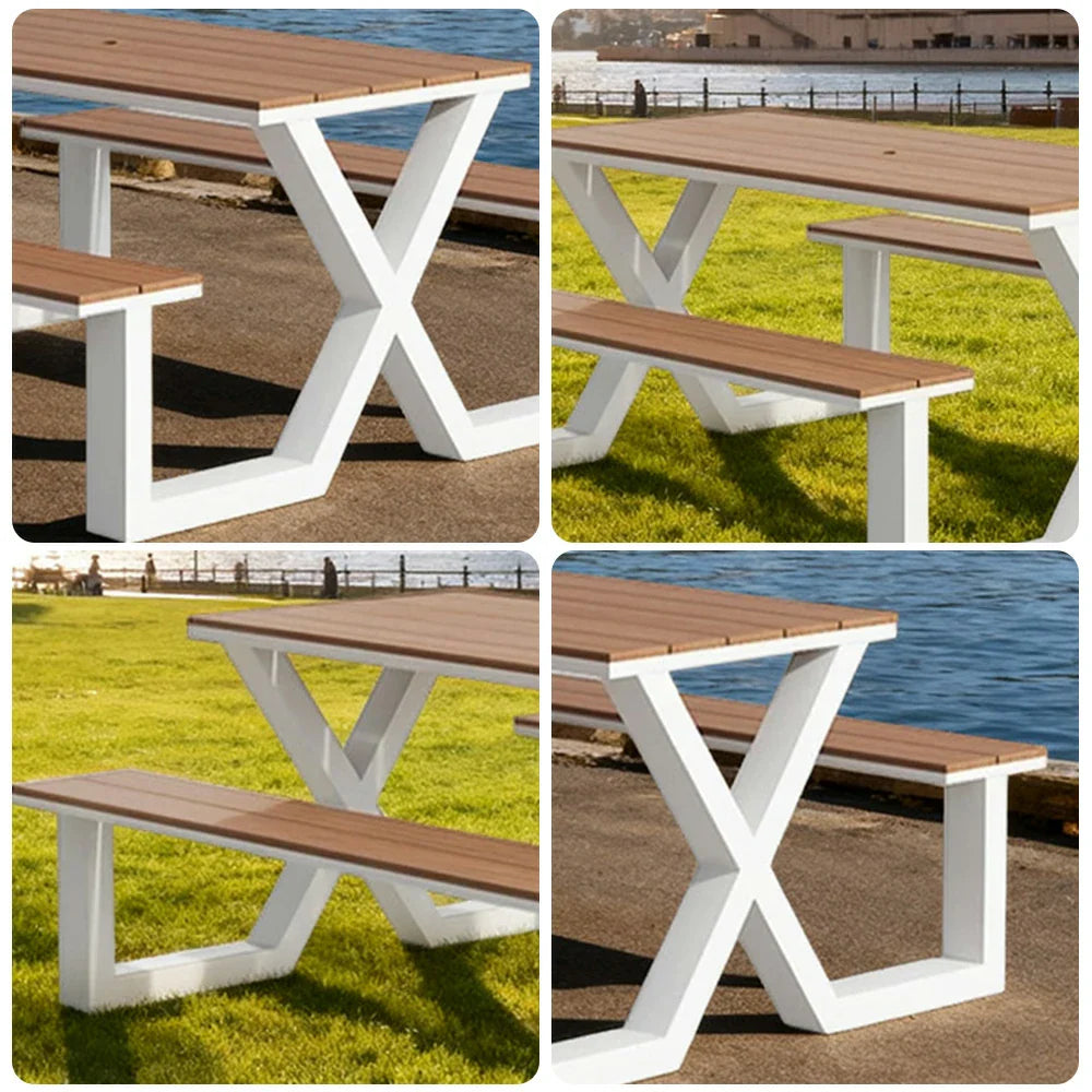 SOLARA 120/160/200cm Outdoor Table & Chair Set Waterproof Sun-Resistant Plastic-Wood Surface Carbon Steel Frame Stable Anti-Corrosion Design - White