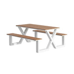 SOLARA 120/160/200cm Outdoor Table & Chair Set Waterproof Sun-Resistant Plastic-Wood Surface Carbon Steel Frame Stable Anti-Corrosion Design - White