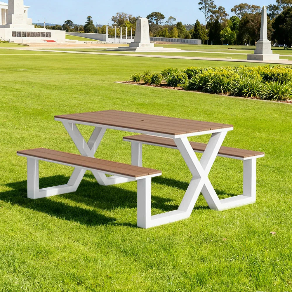 SOLARA 120/160/200cm Outdoor Table & Chair Set Waterproof Sun-Resistant Plastic-Wood Surface Carbon Steel Frame Stable Anti-Corrosion Design - White