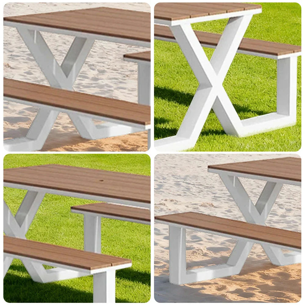 SOLARA 120/160/200cm Outdoor Table & Chair Set Waterproof Sun-Resistant Plastic-Wood Surface Carbon Steel Frame Stable Anti-Corrosion Design - White