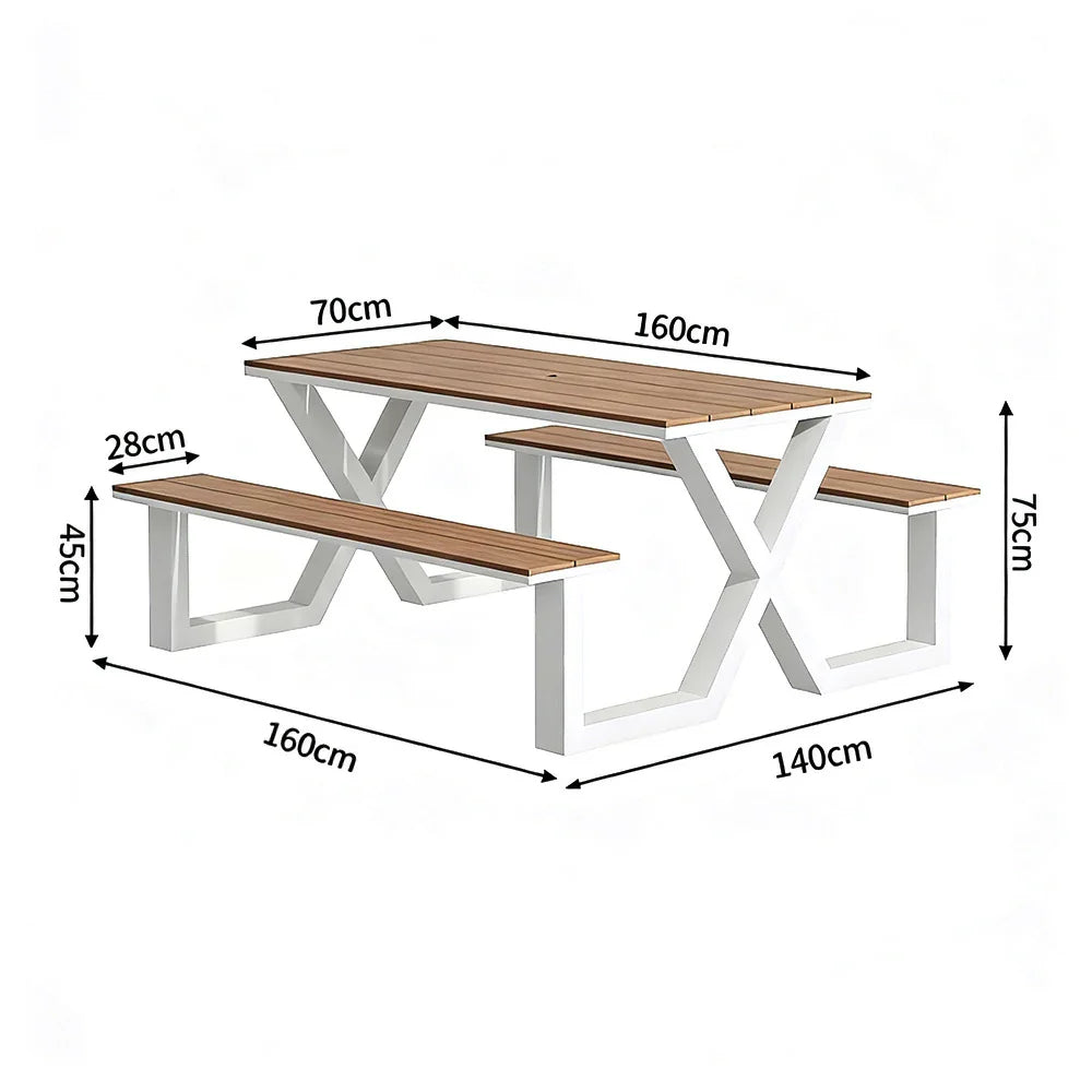 SOLARA 120/160/200cm Outdoor Table & Chair Set Waterproof Sun-Resistant Plastic-Wood Surface Carbon Steel Frame Stable Anti-Corrosion Design - White