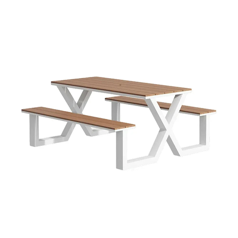 SOLARA 120/160/200cm Outdoor Table & Chair Set Waterproof Sun-Resistant Plastic-Wood Surface Carbon Steel Frame Stable Anti-Corrosion Design - White