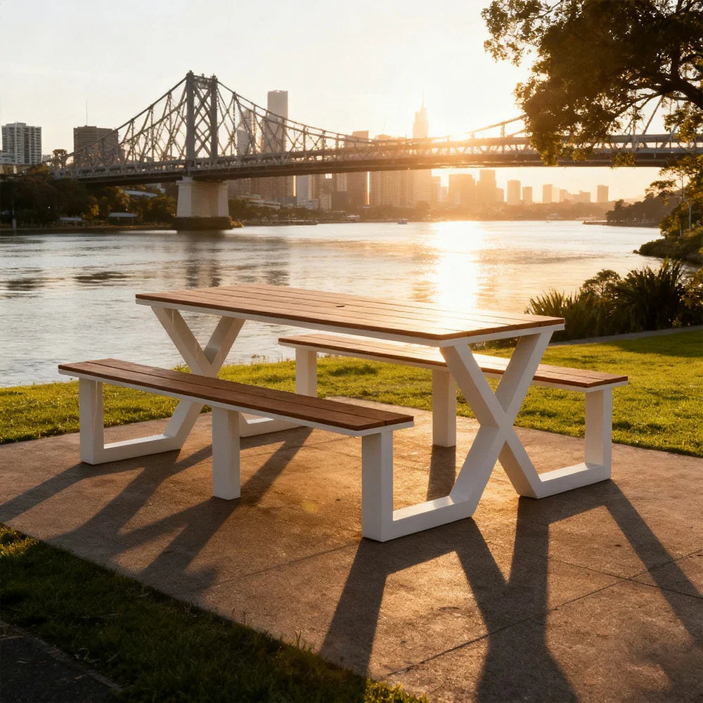 SOLARA 120/160/200cm Outdoor Table & Chair Set Waterproof Sun-Resistant Plastic-Wood Surface Carbon Steel Frame Stable Anti-Corrosion Design - White