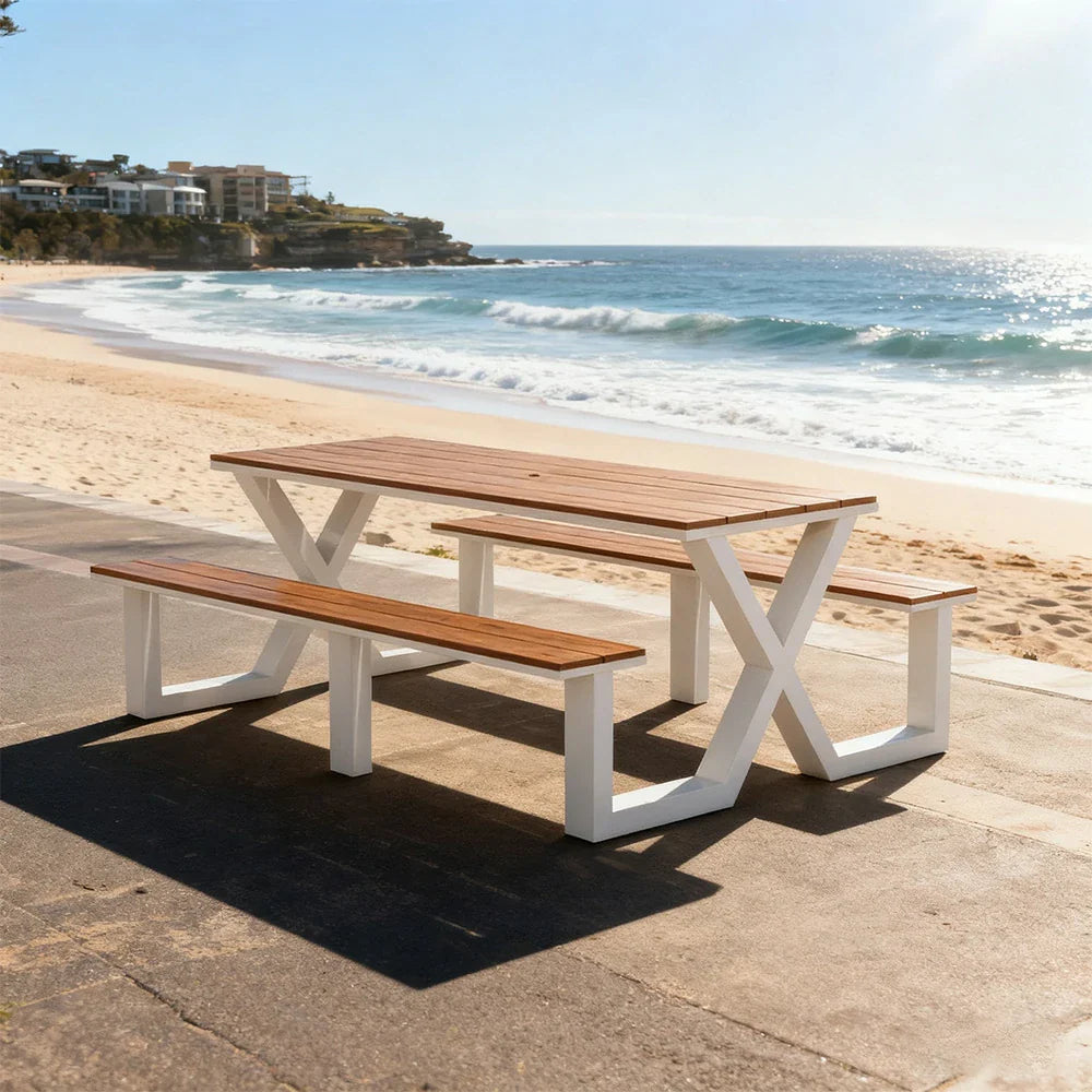 SOLARA 120/160/200cm Outdoor Table & Chair Set Waterproof Sun-Resistant Plastic-Wood Surface Carbon Steel Frame Stable Anti-Corrosion Design - White