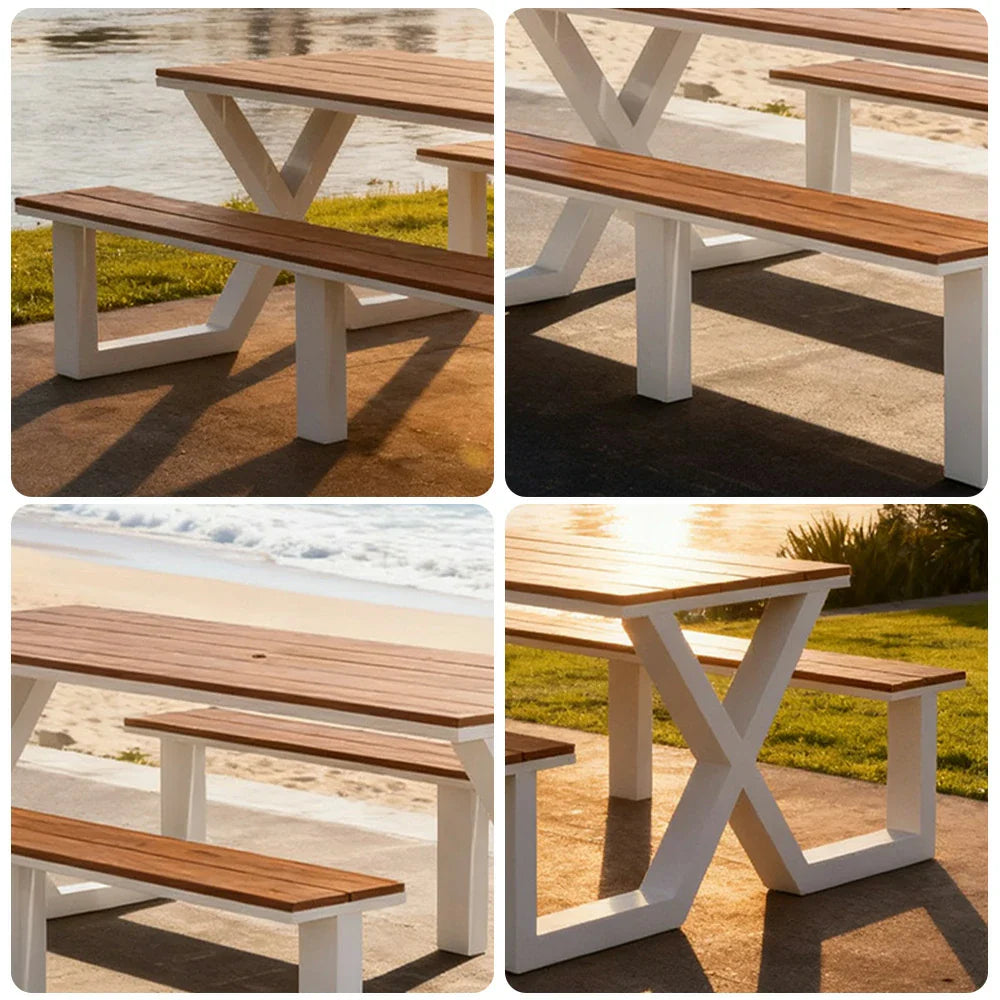 SOLARA 120/160/200cm Outdoor Table & Chair Set Waterproof Sun-Resistant Plastic-Wood Surface Carbon Steel Frame Stable Anti-Corrosion Design - White