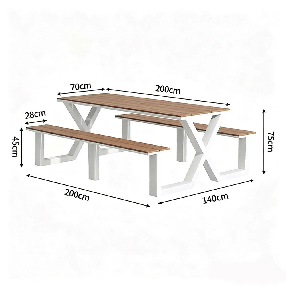 SOLARA 120/160/200cm Outdoor Table & Chair Set Waterproof Sun-Resistant Plastic-Wood Surface Carbon Steel Frame Stable Anti-Corrosion Design - White