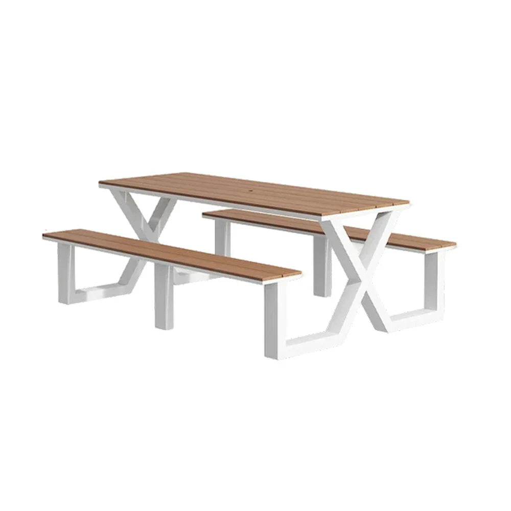 SOLARA 120/160/200cm Outdoor Table & Chair Set Waterproof Sun-Resistant Plastic-Wood Surface Carbon Steel Frame Stable Anti-Corrosion Design - White