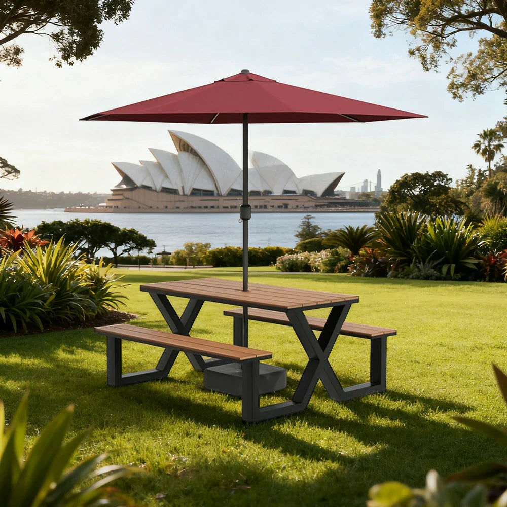 SOLARA 120/160/200cm Outdoor Table, Chair & Umbrella Set Waterproof Sun-Resistant Plastic-Wood Surface Carbon Steel Frame Stable Anti-Corrosion Design - Black