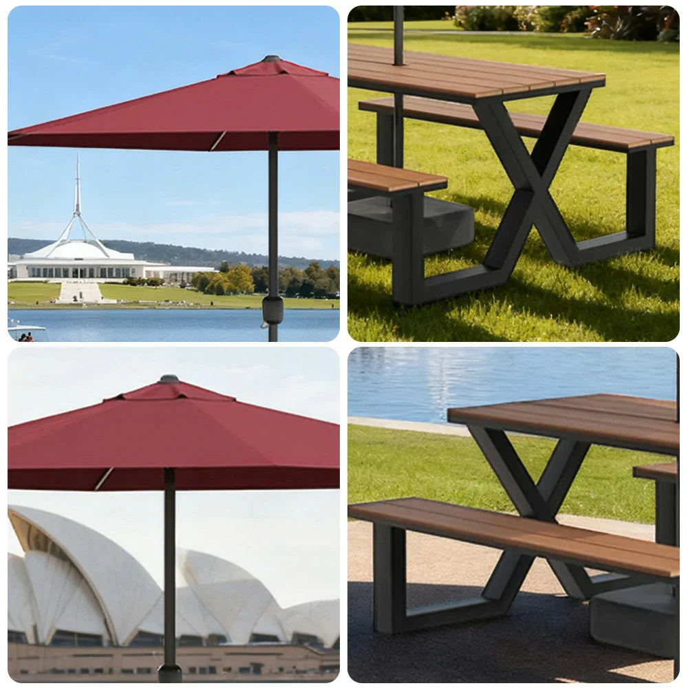 SOLARA 120/160/200cm Outdoor Table, Chair & Umbrella Set Waterproof Sun-Resistant Plastic-Wood Surface Carbon Steel Frame Stable Anti-Corrosion Design - Black