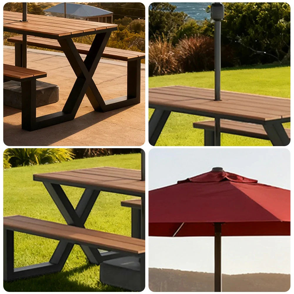 SOLARA 120/160/200cm Outdoor Table, Chair & Umbrella Set Waterproof Sun-Resistant Plastic-Wood Surface Carbon Steel Frame Stable Anti-Corrosion Design - Black
