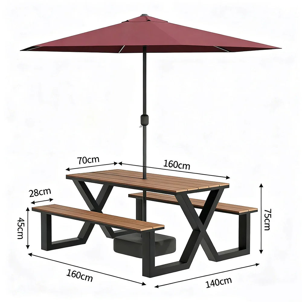 SOLARA 120/160/200cm Outdoor Table, Chair & Umbrella Set Waterproof Sun-Resistant Plastic-Wood Surface Carbon Steel Frame Stable Anti-Corrosion Design - Black