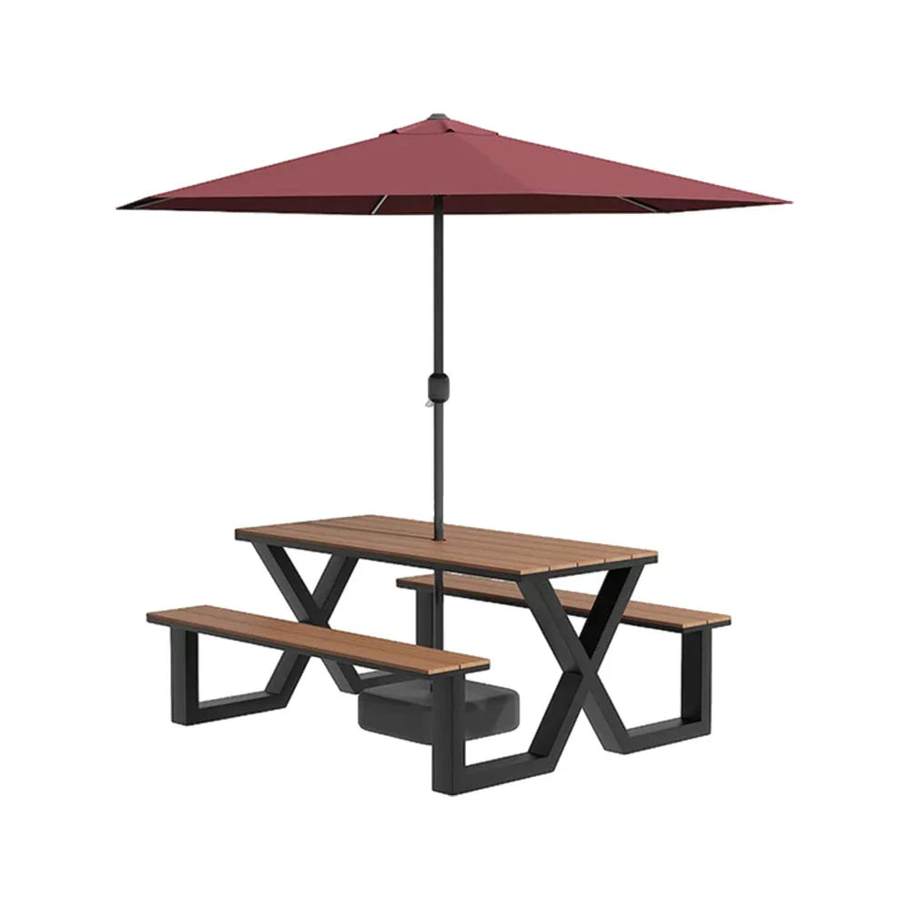 SOLARA 120/160/200cm Outdoor Table, Chair & Umbrella Set Waterproof Sun-Resistant Plastic-Wood Surface Carbon Steel Frame Stable Anti-Corrosion Design - Black