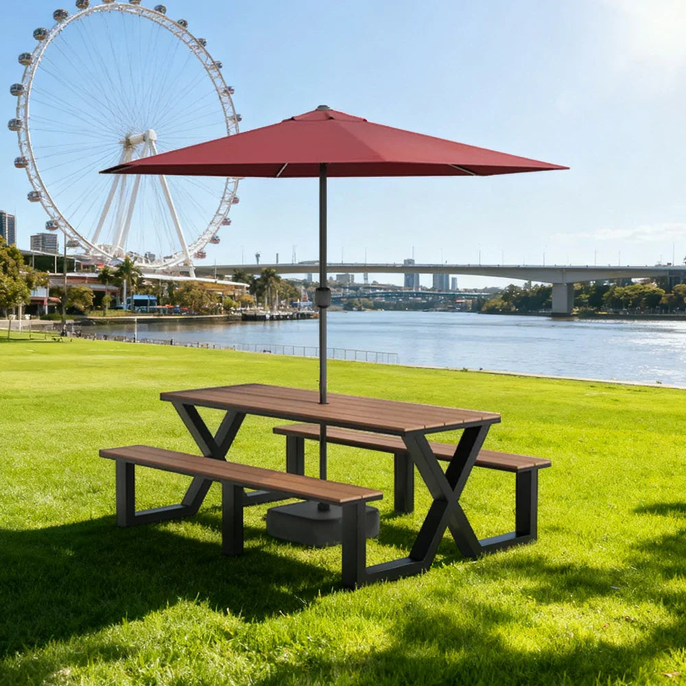 SOLARA 120/160/200cm Outdoor Table, Chair & Umbrella Set Waterproof Sun-Resistant Plastic-Wood Surface Carbon Steel Frame Stable Anti-Corrosion Design - Black