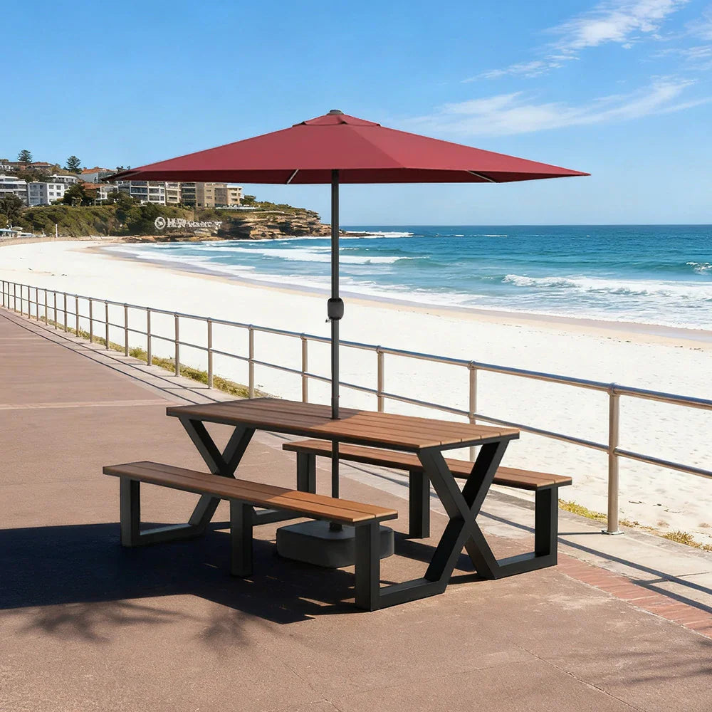 SOLARA 120/160/200cm Outdoor Table, Chair & Umbrella Set Waterproof Sun-Resistant Plastic-Wood Surface Carbon Steel Frame Stable Anti-Corrosion Design - Black