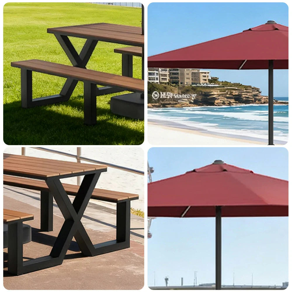 SOLARA 120/160/200cm Outdoor Table, Chair & Umbrella Set Waterproof Sun-Resistant Plastic-Wood Surface Carbon Steel Frame Stable Anti-Corrosion Design - Black