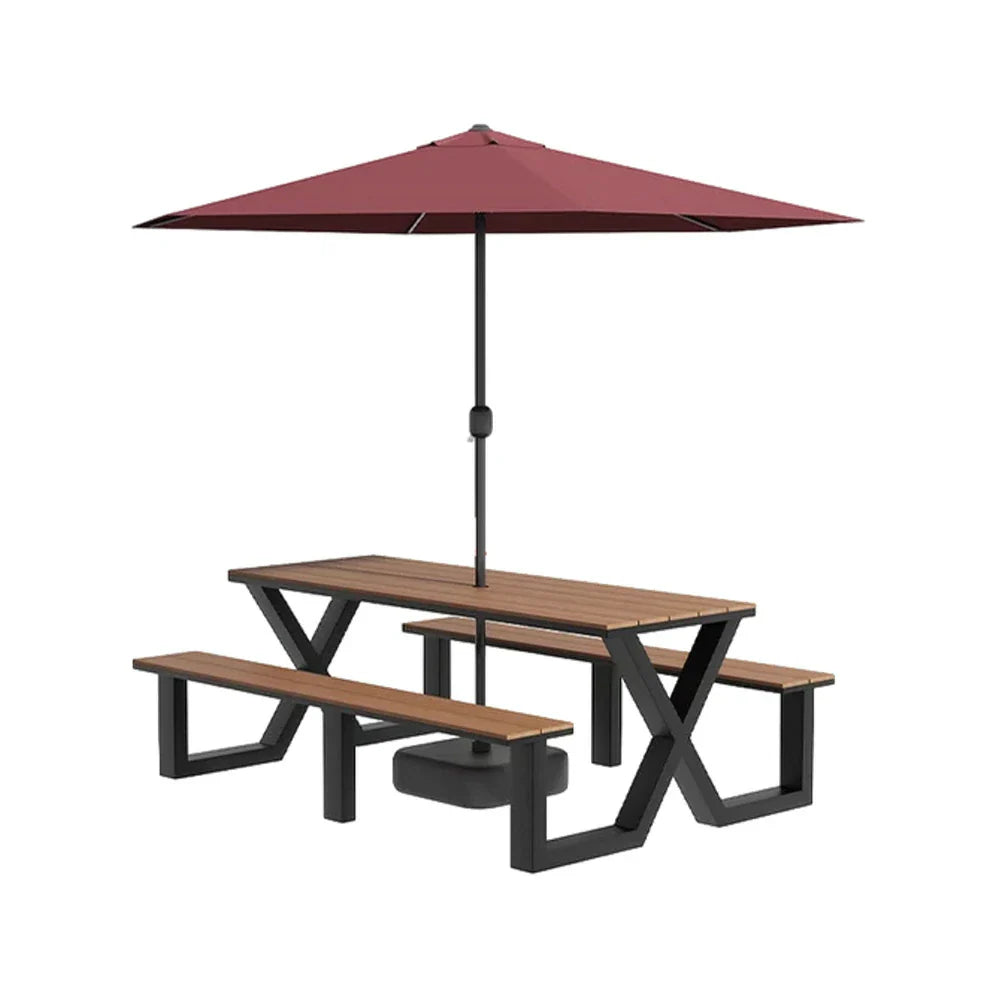SOLARA 120/160/200cm Outdoor Table, Chair & Umbrella Set Waterproof Sun-Resistant Plastic-Wood Surface Carbon Steel Frame Stable Anti-Corrosion Design - Black