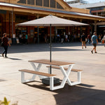 SOLARA 120/160/200cm Outdoor Table Chair & Umbrella Set Waterproof Sun-Resistant Plastic-Wood Surface Carbon Steel Frame Stable Anti-Corrosion Design - White