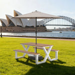 SOLARA 120/160/200cm Outdoor Table Chair & Umbrella Set Waterproof Sun-Resistant Plastic-Wood Surface Carbon Steel Frame Stable Anti-Corrosion Design - White