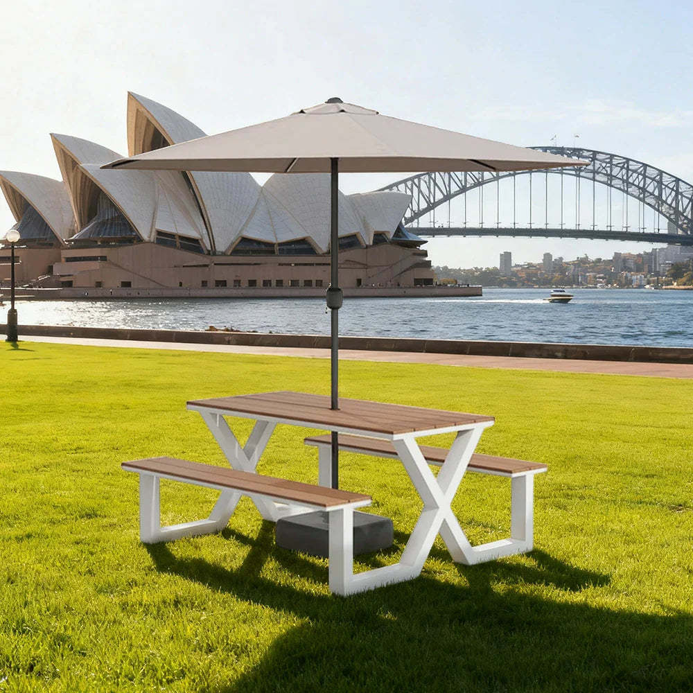 SOLARA 120/160/200cm Outdoor Table Chair & Umbrella Set Waterproof Sun-Resistant Plastic-Wood Surface Carbon Steel Frame Stable Anti-Corrosion Design - White