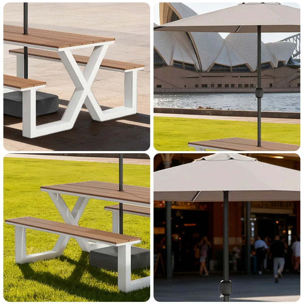 SOLARA 120/160/200cm Outdoor Table Chair & Umbrella Set Waterproof Sun-Resistant Plastic-Wood Surface Carbon Steel Frame Stable Anti-Corrosion Design - White