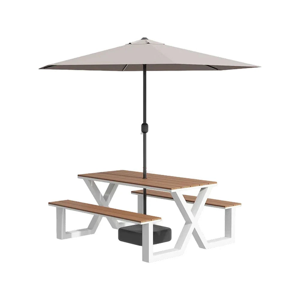 SOLARA 120/160/200cm Outdoor Table Chair & Umbrella Set Waterproof Sun-Resistant Plastic-Wood Surface Carbon Steel Frame Stable Anti-Corrosion Design - White