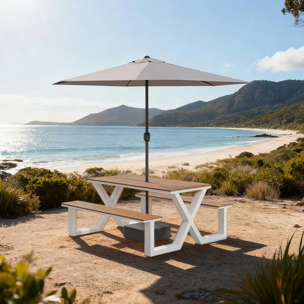 SOLARA 120/160/200cm Outdoor Table Chair & Umbrella Set Waterproof Sun-Resistant Plastic-Wood Surface Carbon Steel Frame Stable Anti-Corrosion Design - White