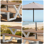 SOLARA 120/160/200cm Outdoor Table Chair & Umbrella Set Waterproof Sun-Resistant Plastic-Wood Surface Carbon Steel Frame Stable Anti-Corrosion Design - White