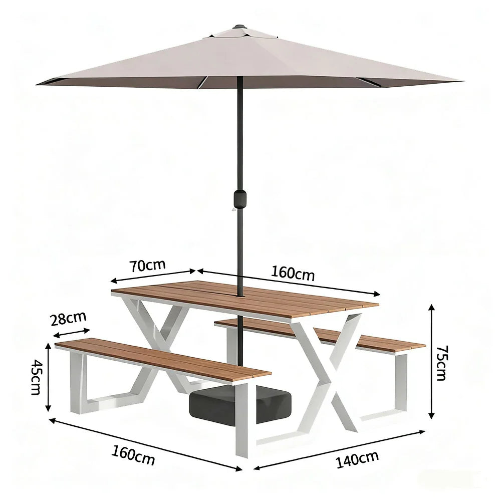 SOLARA 120/160/200cm Outdoor Table Chair & Umbrella Set Waterproof Sun-Resistant Plastic-Wood Surface Carbon Steel Frame Stable Anti-Corrosion Design - White