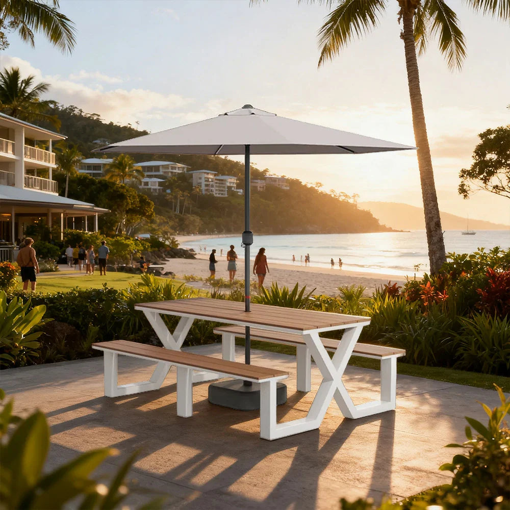 SOLARA 120/160/200cm Outdoor Table Chair & Umbrella Set Waterproof Sun-Resistant Plastic-Wood Surface Carbon Steel Frame Stable Anti-Corrosion Design - White