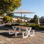 SOLARA 120/160/200cm Outdoor Table Chair & Umbrella Set Waterproof Sun-Resistant Plastic-Wood Surface Carbon Steel Frame Stable Anti-Corrosion Design - White