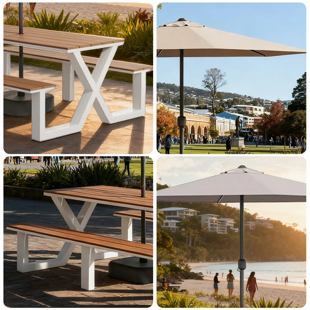 SOLARA 120/160/200cm Outdoor Table Chair & Umbrella Set Waterproof Sun-Resistant Plastic-Wood Surface Carbon Steel Frame Stable Anti-Corrosion Design - White