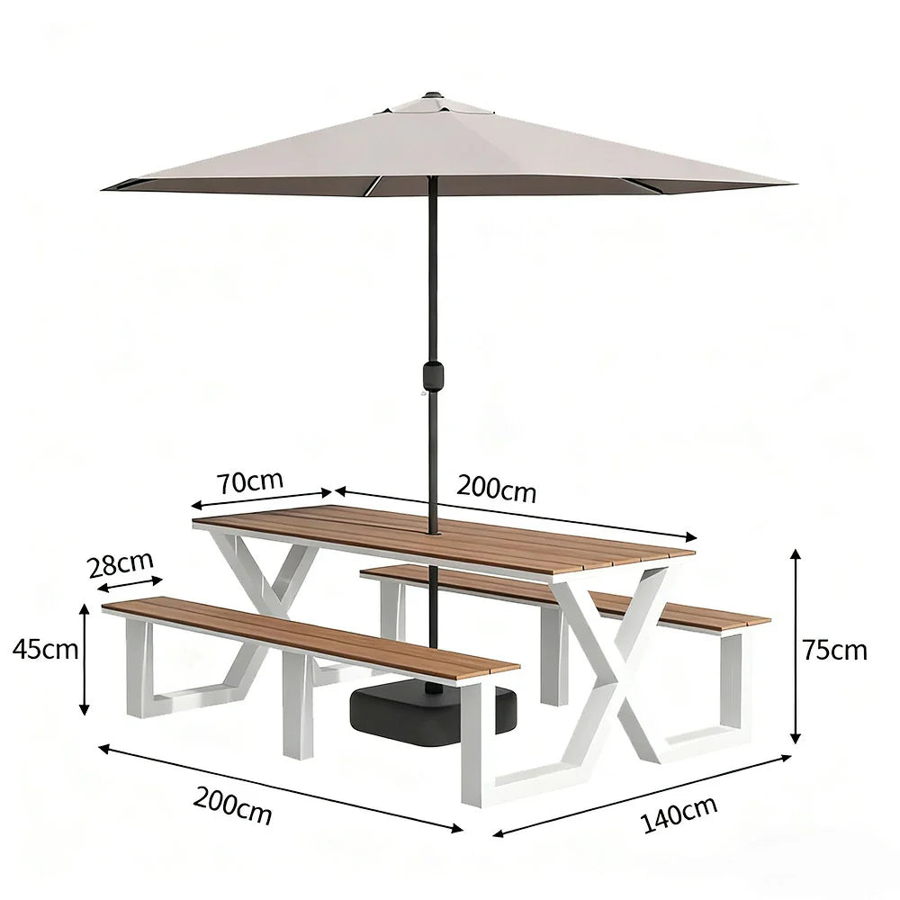 SOLARA 120/160/200cm Outdoor Table Chair & Umbrella Set Waterproof Sun-Resistant Plastic-Wood Surface Carbon Steel Frame Stable Anti-Corrosion Design - White