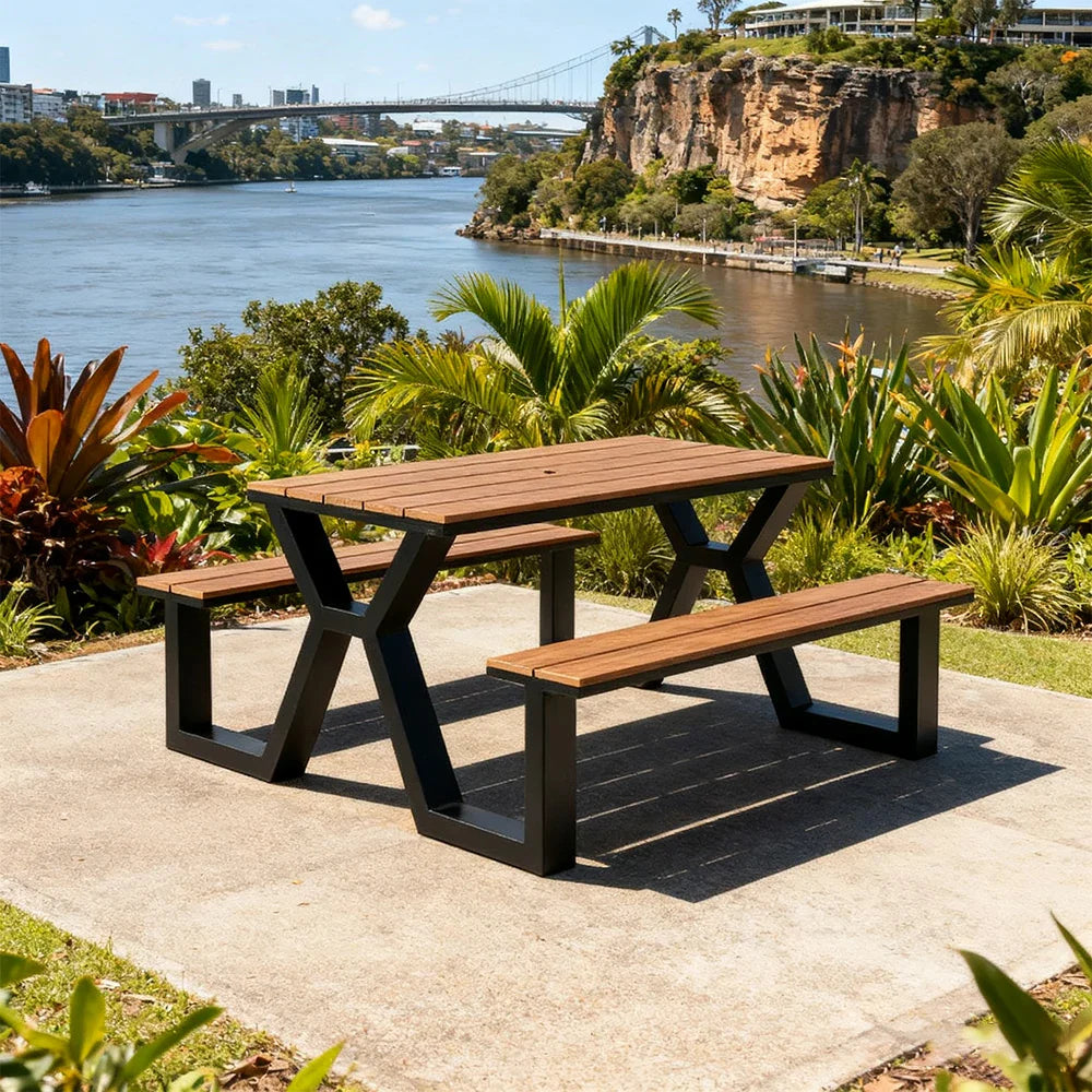 SOLARA 120/160/200cm Eco-Friendly Outdoor Table & Chair Set Waterproof Sunproof Plastic-Wood Surface Durable Anti-Oxidation Steel Frame - Black