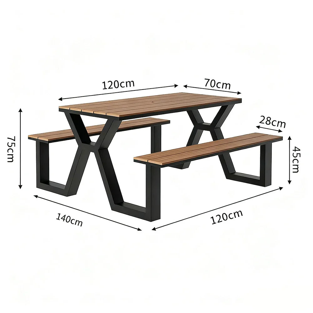 SOLARA 120/160/200cm Eco-Friendly Outdoor Table & Chair Set Waterproof Sunproof Plastic-Wood Surface Durable Anti-Oxidation Steel Frame - Black