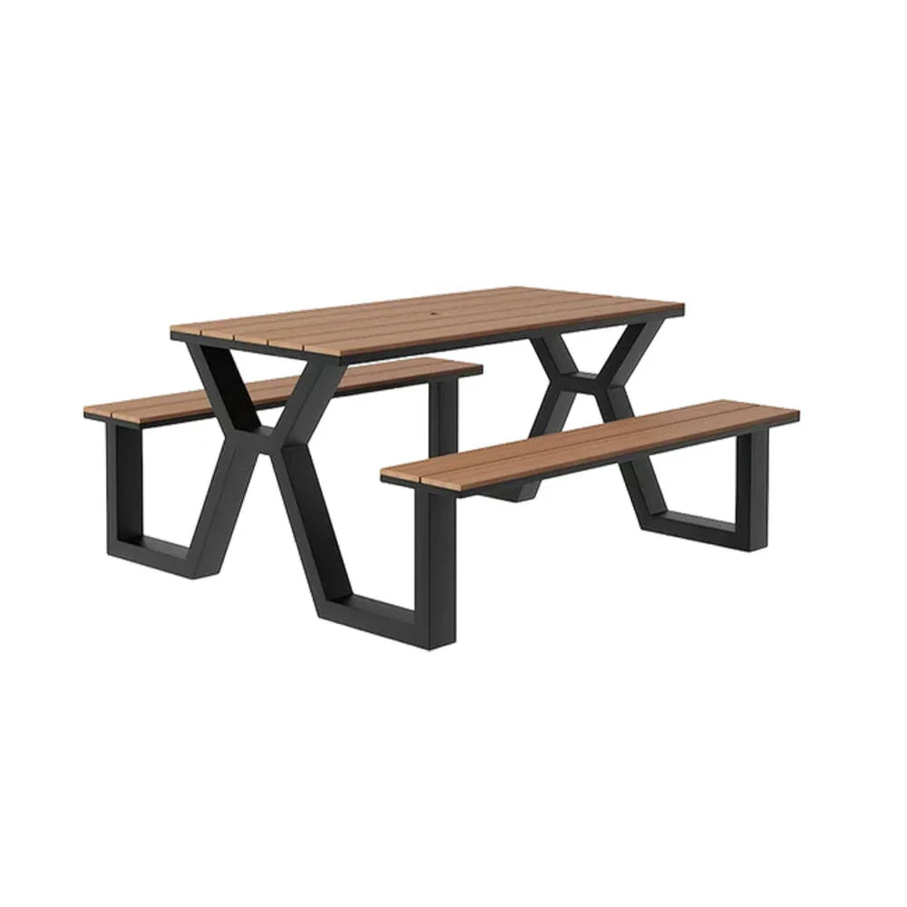 SOLARA 120/160/200cm Eco-Friendly Outdoor Table & Chair Set Waterproof Sunproof Plastic-Wood Surface Durable Anti-Oxidation Steel Frame - Black