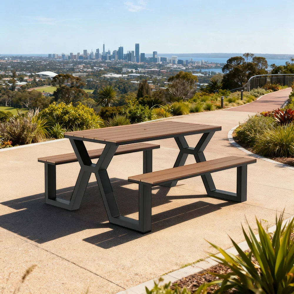 SOLARA 120/160/200cm Eco-Friendly Outdoor Table & Chair Set Waterproof Sunproof Plastic-Wood Surface Durable Anti-Oxidation Steel Frame - Black