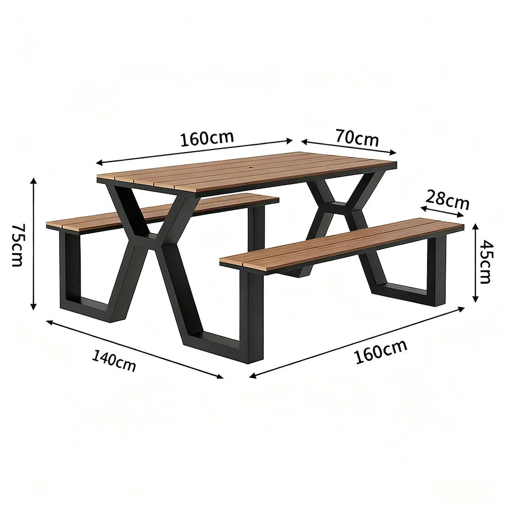 SOLARA 120/160/200cm Eco-Friendly Outdoor Table & Chair Set Waterproof Sunproof Plastic-Wood Surface Durable Anti-Oxidation Steel Frame - Black