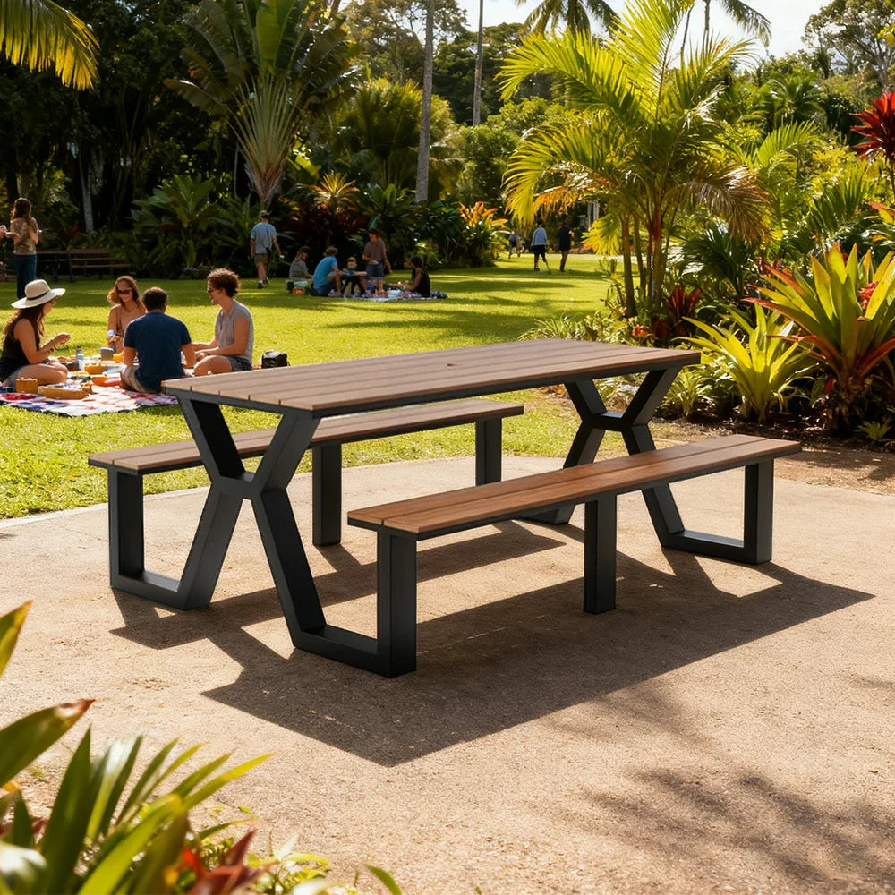 SOLARA 120/160/200cm Eco-Friendly Outdoor Table & Chair Set Waterproof Sunproof Plastic-Wood Surface Durable Anti-Oxidation Steel Frame - Black