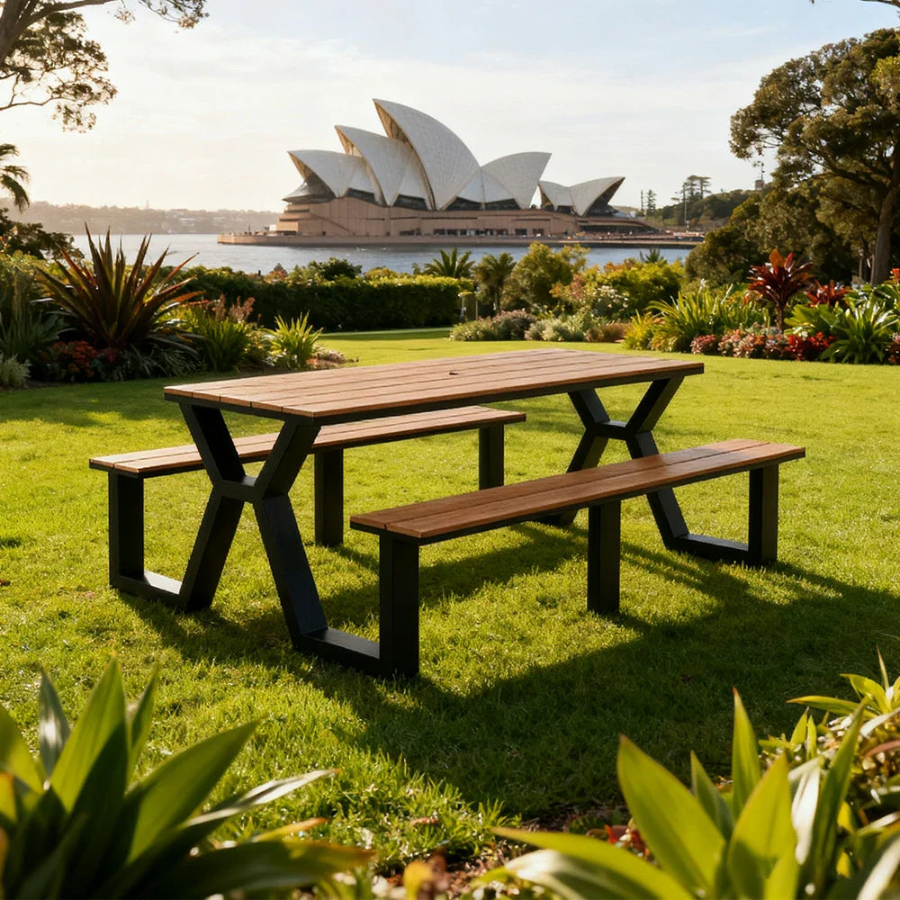 SOLARA 120/160/200cm Eco-Friendly Outdoor Table & Chair Set Waterproof Sunproof Plastic-Wood Surface Durable Anti-Oxidation Steel Frame - Black