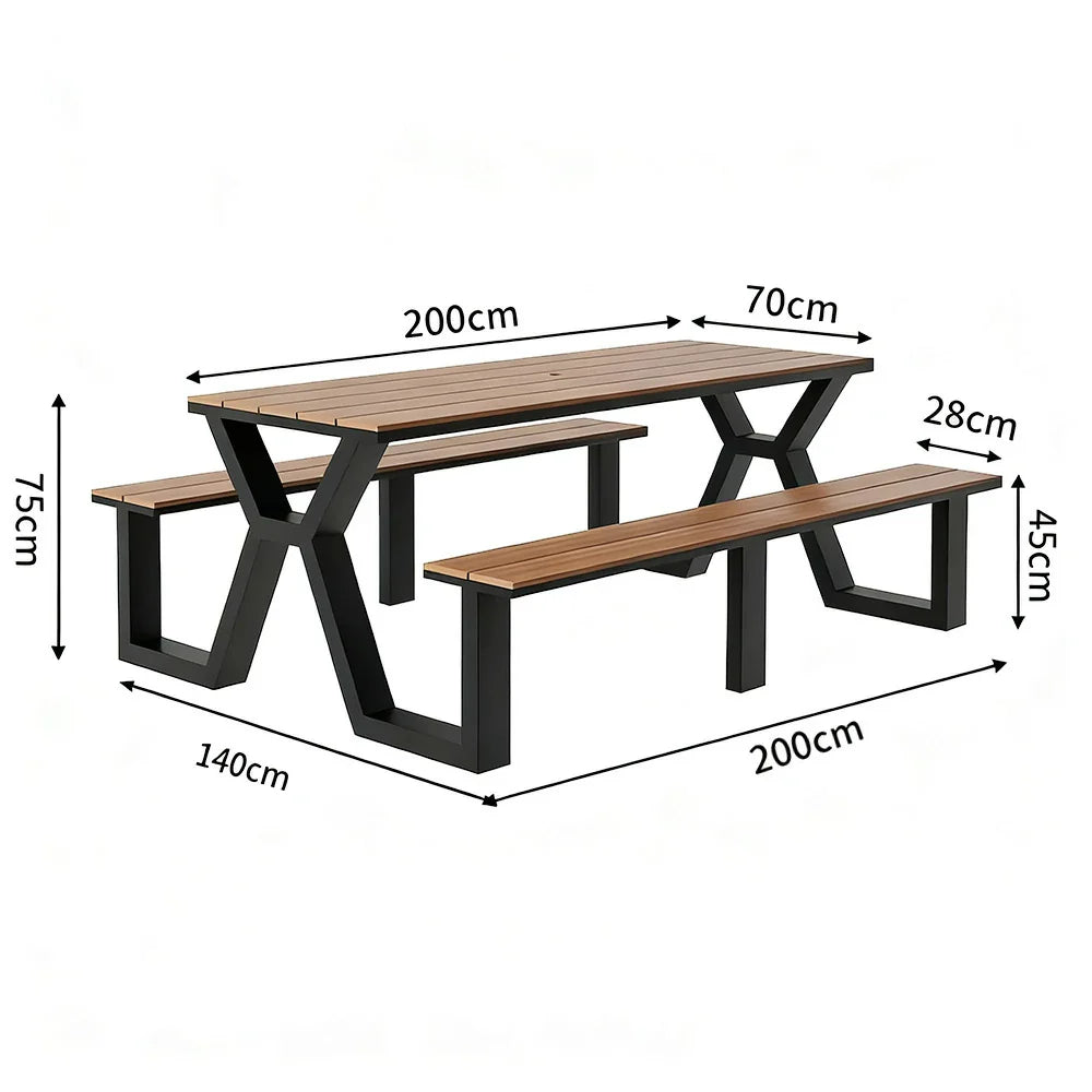 SOLARA 120/160/200cm Eco-Friendly Outdoor Table & Chair Set Waterproof Sunproof Plastic-Wood Surface Durable Anti-Oxidation Steel Frame - Black