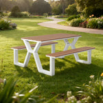 SOLARA 120/160/200cm Eco-Friendly Outdoor Table & Chair Set Waterproof Sunproof Plastic-Wood Surface Durable Anti-Oxidation Steel Frame - White