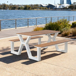 SOLARA 120/160/200cm Eco-Friendly Outdoor Table & Chair Set Waterproof Sunproof Plastic-Wood Surface Durable Anti-Oxidation Steel Frame - White