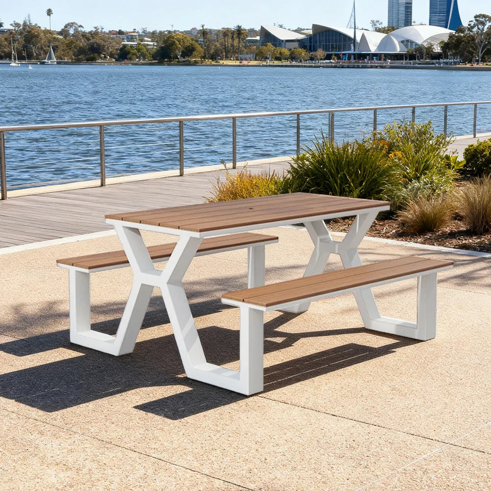 SOLARA 120/160/200cm Eco-Friendly Outdoor Table & Chair Set Waterproof Sunproof Plastic-Wood Surface Durable Anti-Oxidation Steel Frame - White