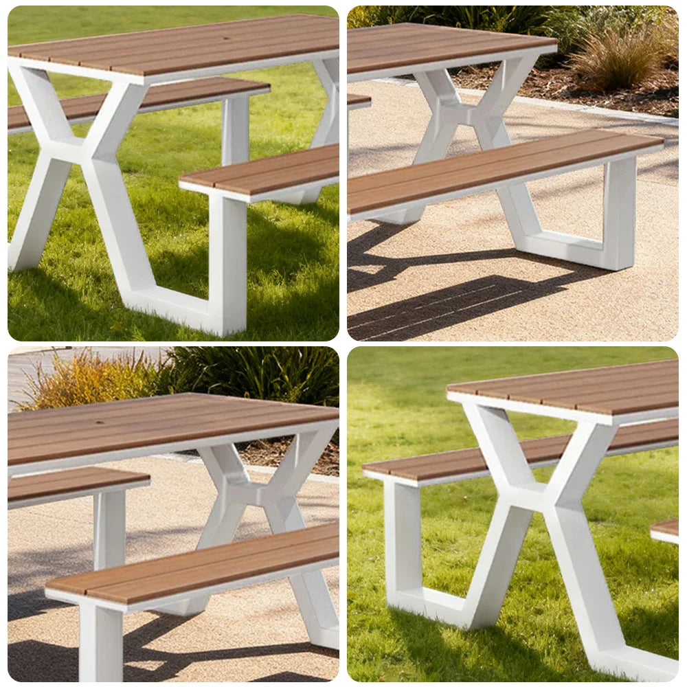 SOLARA 120/160/200cm Eco-Friendly Outdoor Table & Chair Set Waterproof Sunproof Plastic-Wood Surface Durable Anti-Oxidation Steel Frame - White
